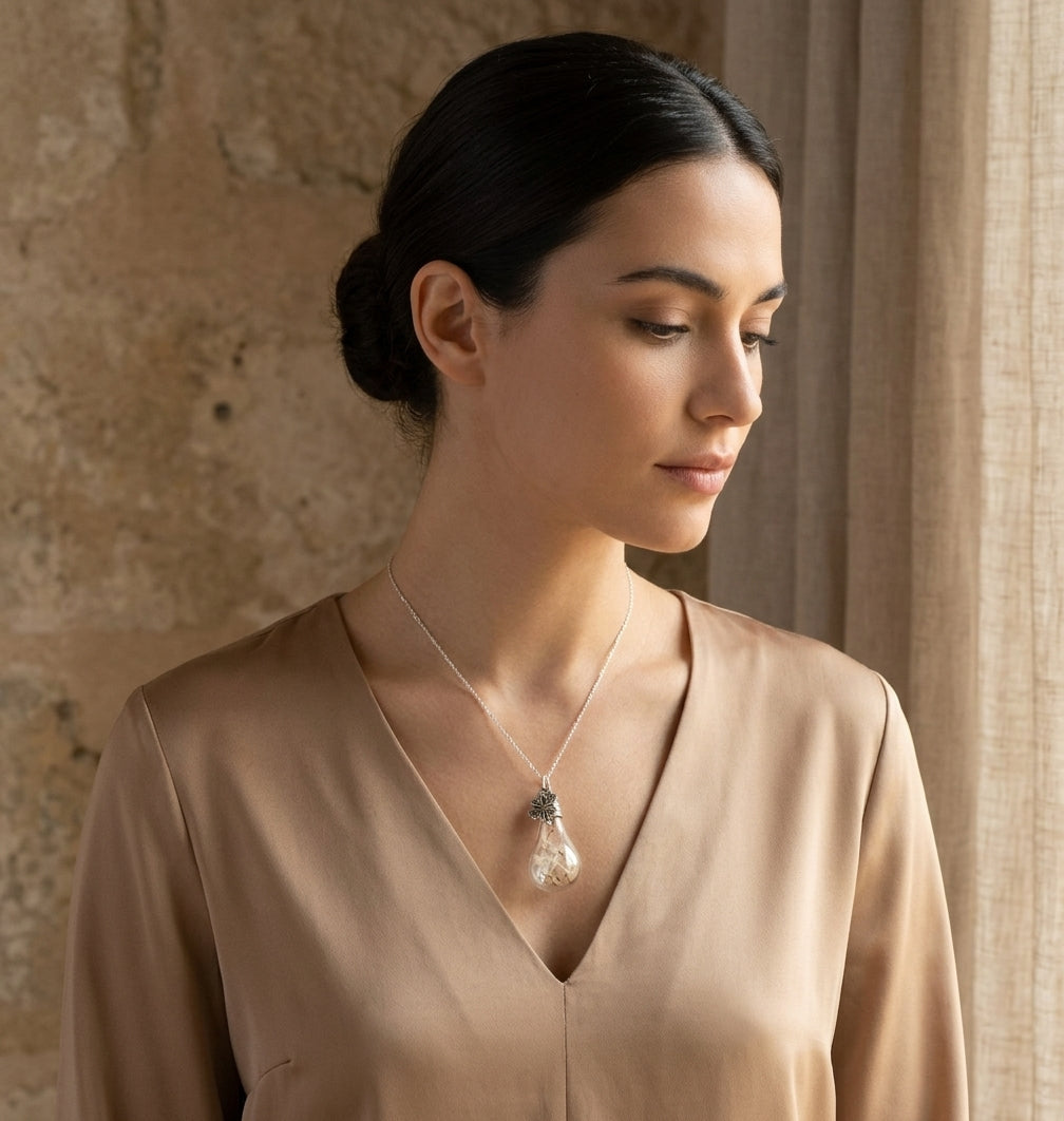 Collar Plata 925 con Diente de León | Vidrio Soplado y Semillas Naturales