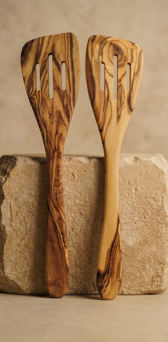 Espátula Ranurada de Madera de Olivo 30 cm | Hecha a Mano