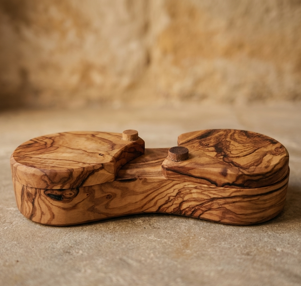 Especiero de Madera de Olivo con 2 Compartimentos – Artesanal y Natural