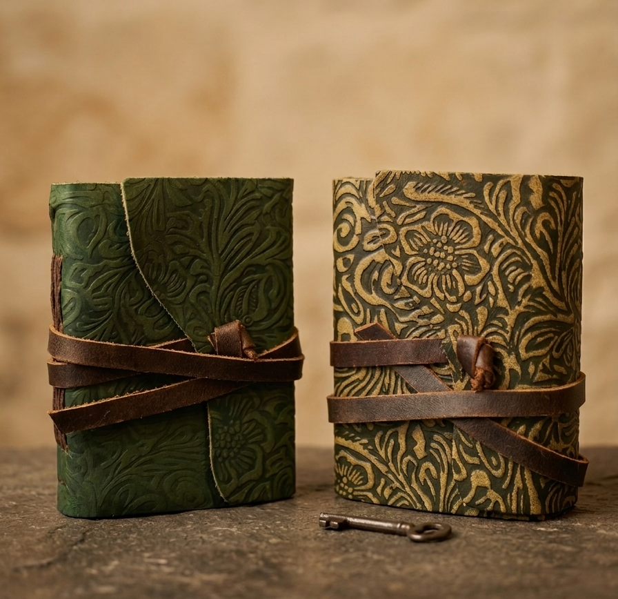 Cuaderno de Cuero Verde con Papel Envejecido – Estilo Medieval y Vintage