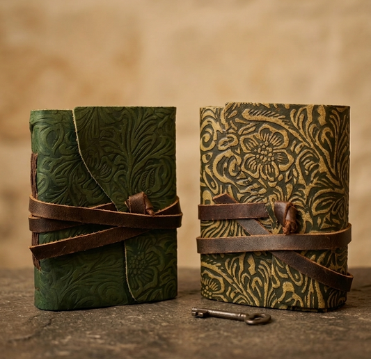 Cuaderno de Cuero Verde con Papel Envejecido – Estilo Medieval y Vintage