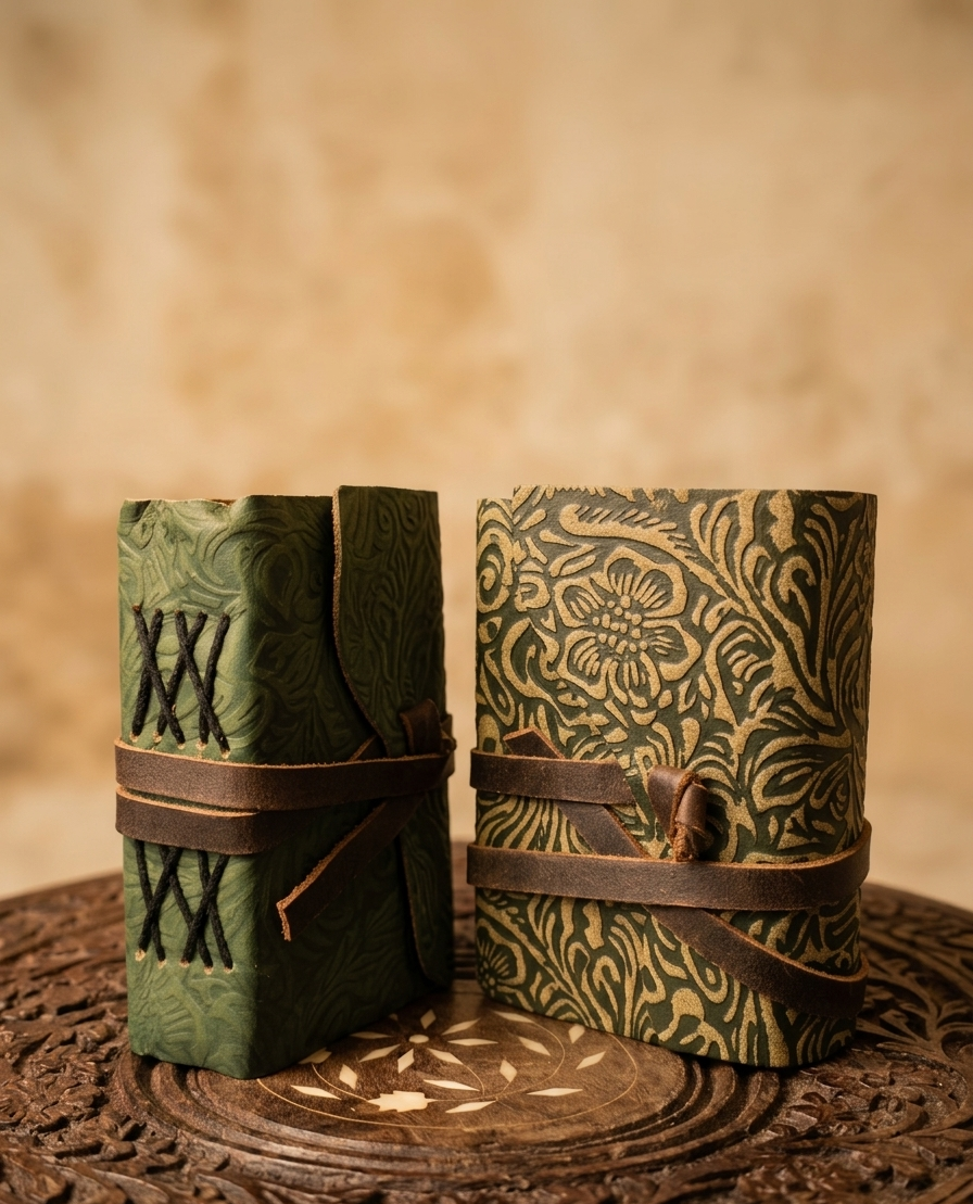 Cuaderno de Cuero Verde con Papel Envejecido – Estilo Medieval y Vintage