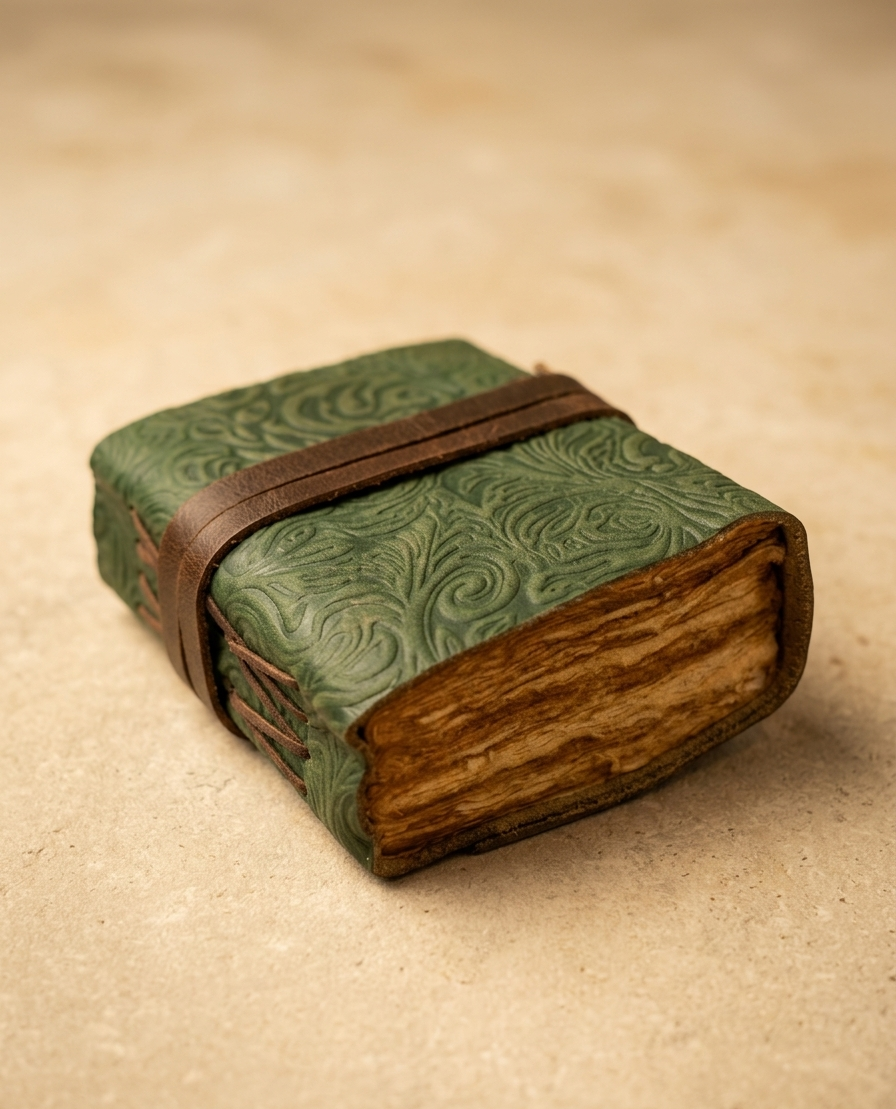 Cuaderno de Cuero Verde con Papel Envejecido – Estilo Medieval y Vintage