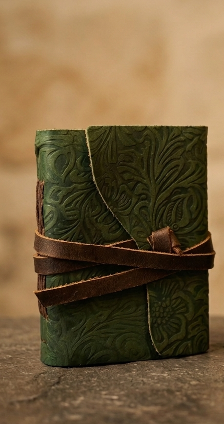 Cuaderno de Cuero Verde con Papel Envejecido – Estilo Medieval y Vintage