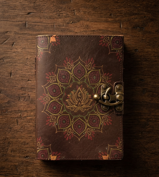 Cuaderno de Cuero con Flor de Loto | Papel Envejecido Artesanal