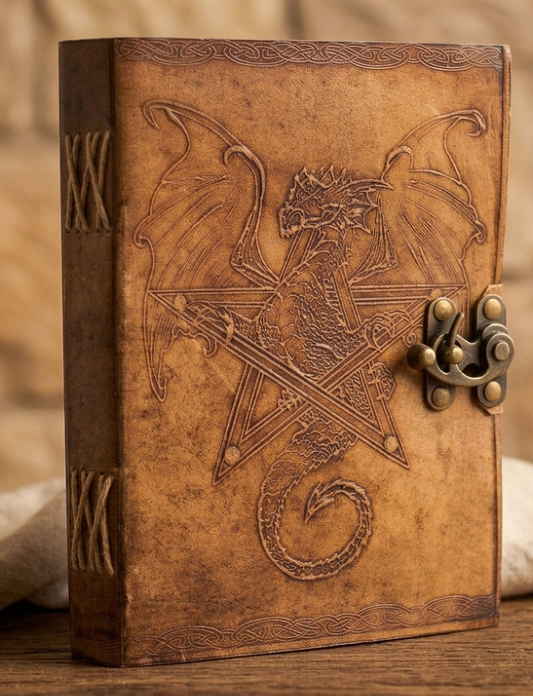 Cuaderno de Cuero con Pentagrama y Dragón | Relieve Artesanal