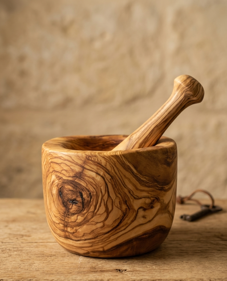 Mortero de Madera de Olivo Natural 14 cm – Artesanal y Resistente