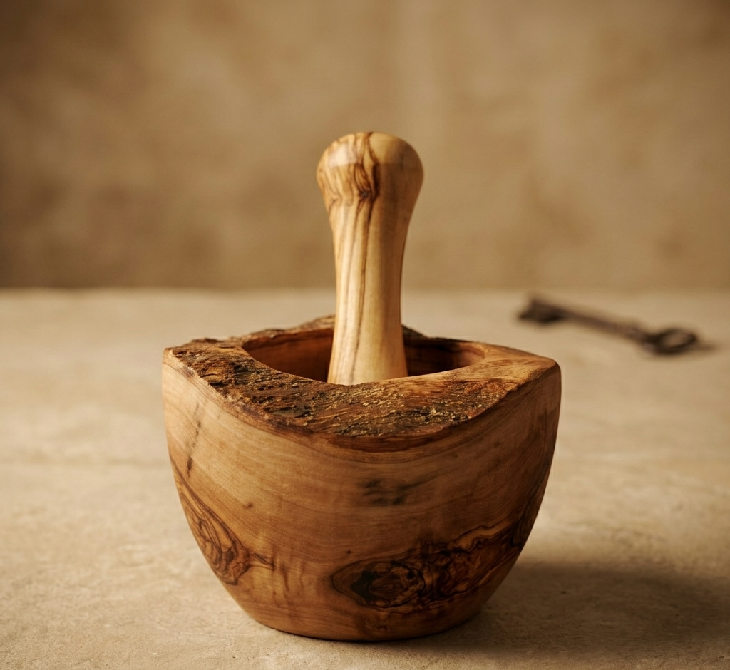 Mortero Rústico de Madera de Olivo con Corteza – Hecho a Mano
