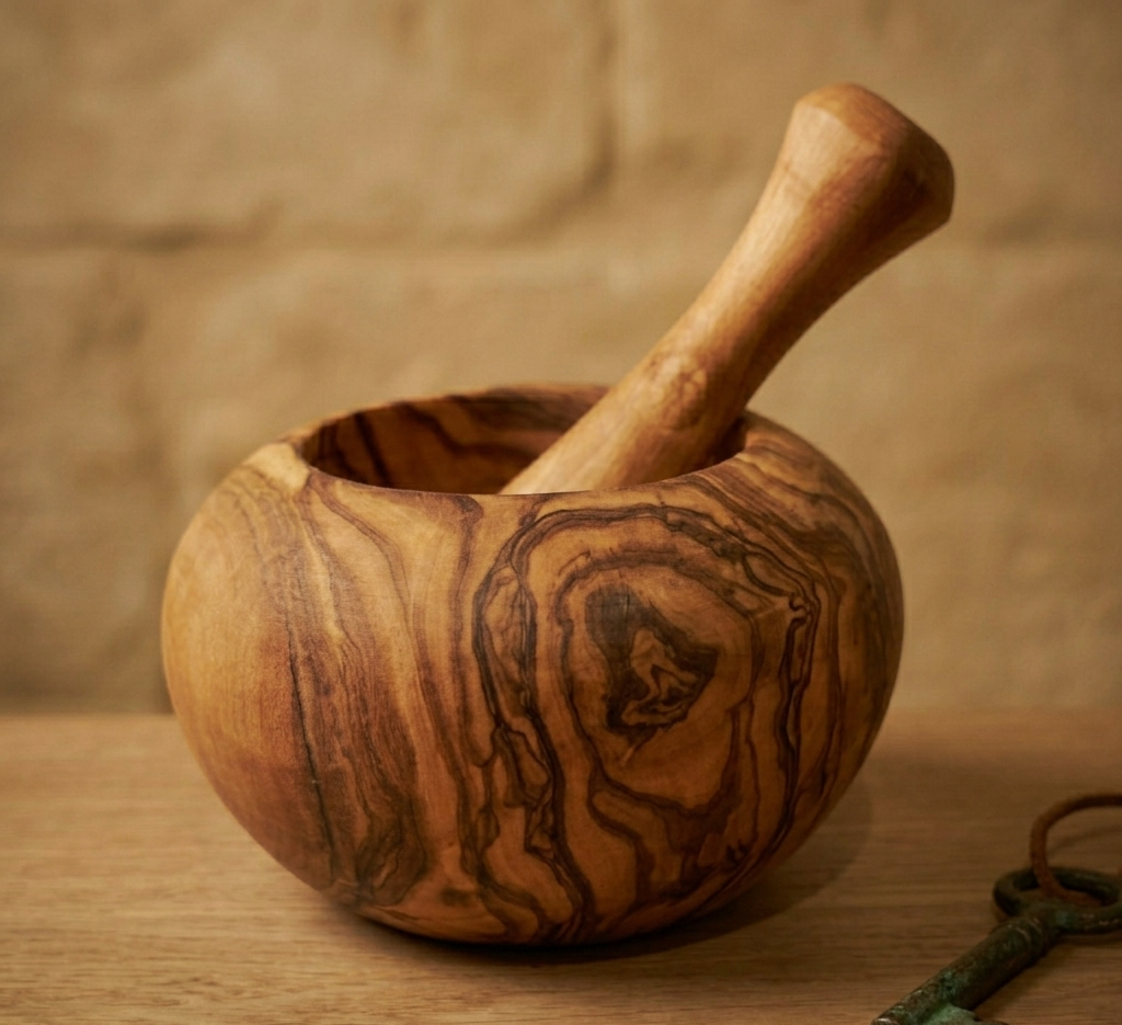 Mortero y Maja de Madera de Olivo Pulido – Hecho a Mano y Elegante