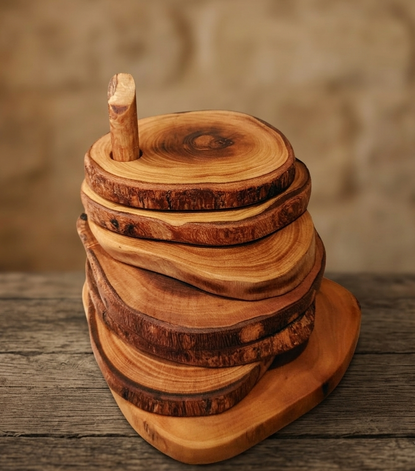 Posavasos Rústicos de Madera de Olivo con Soporte (Set 6) – Hechos a Mano