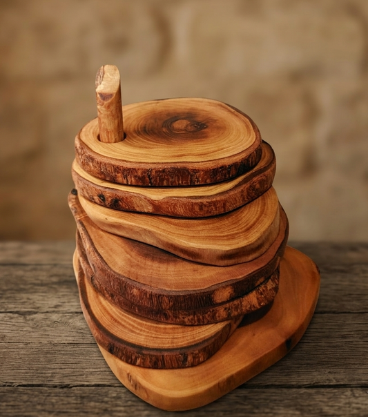 Posavasos Rústicos de Madera de Olivo con Soporte (Set 6) – Hechos a Mano