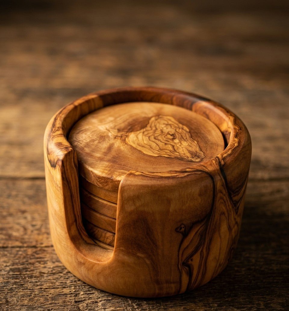 Posavasos de Madera de Olivo con Soporte (Set 6) – Artesanales y Elegantes