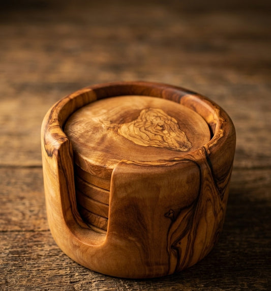 Posavasos de Madera de Olivo con Soporte (Set 6) – Artesanales y Elegantes